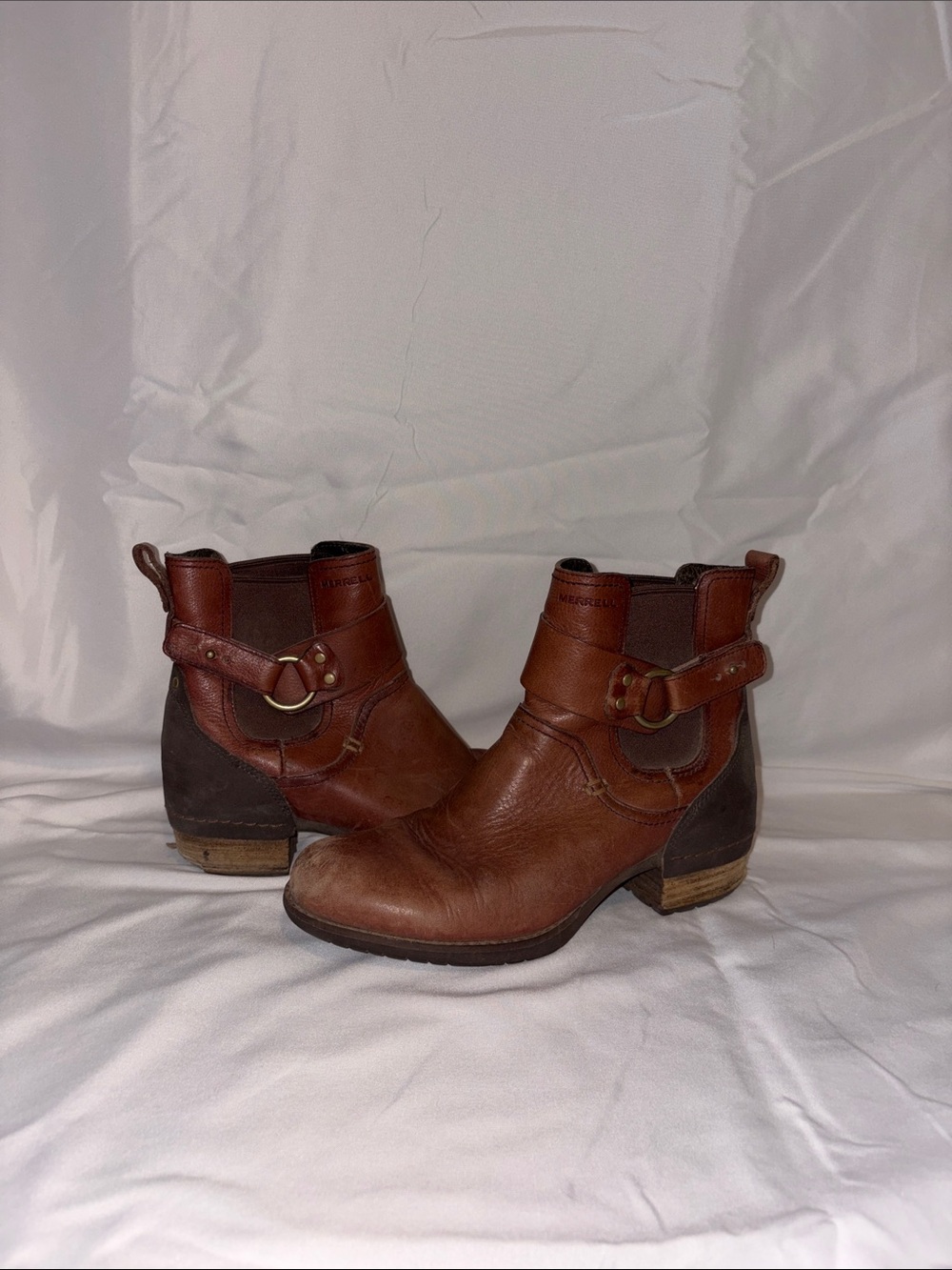 Merrell Two-Tone Brown Leather Ankle Booties with Strap Detail